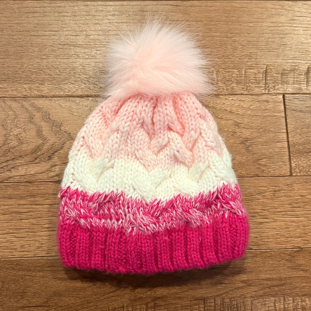 Girls Pink White Knit Pom Pom Winter Hat
